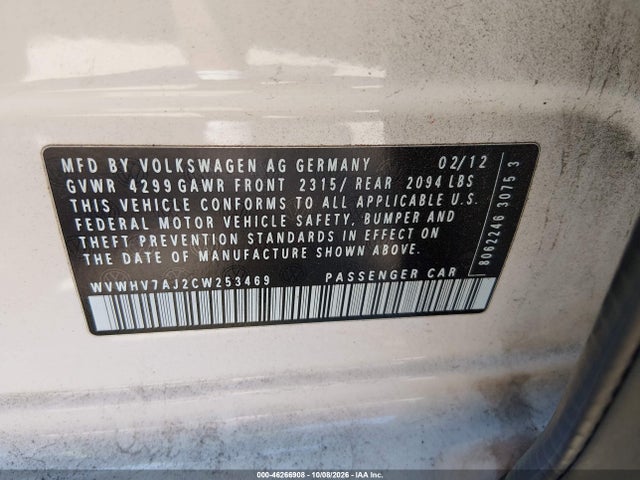 2012 Volkswagen Gti 4-door Autobahn მანქანა იყიდება აუქციონზე, vin: WVWHV7AJ2CW253469, აუქციონის ნომერი: 46266908