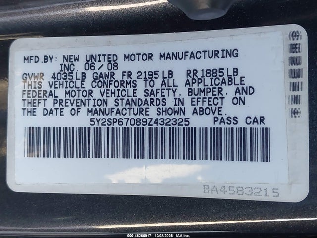 2009 Pontiac Vibe მანქანა იყიდება აუქციონზე, vin: 5Y2SP67089Z432325, აუქციონის ნომერი: 46266917