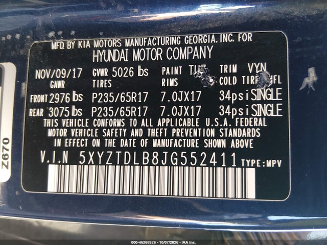 2018 Hyundai Santa Fe Sport 2.4l მანქანა იყიდება აუქციონზე, vin: 5XYZTDLB8JG552411, აუქციონის ნომერი: 46266926