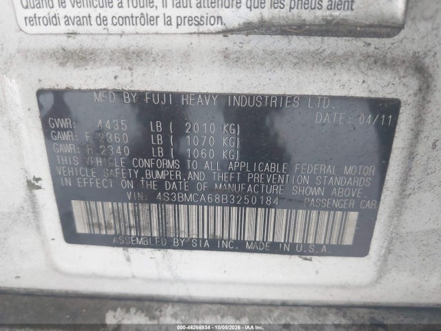 2011 Subaru Legacy 2.5i მანქანა იყიდება აუქციონზე, vin: 4S3BMCA68B3250184, აუქციონის ნომერი: 46266934
