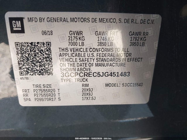 2018 Chevrolet Silverado 1500 1lt მანქანა იყიდება აუქციონზე, vin: 3GCPCREC5JG451483, აუქციონის ნომერი: 46266935
