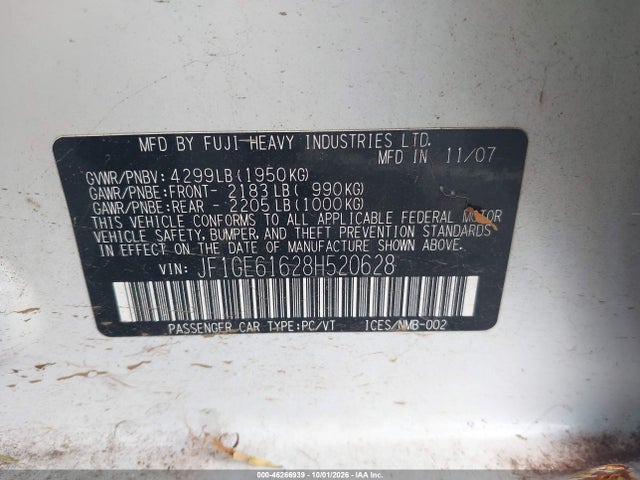 Продажа на аукционе авто 2008 Subaru Impreza 2.5i, vin: JF1GE61628H520628, номер лота: 46266939