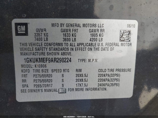 Aukcja sprzedaży 2010 Gmc Yukon Xl 1500 Denali, vin: 1GKUKMEF9AR290224, numer aukcji: 46266951