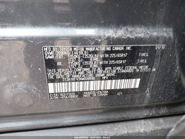 2019 Toyota Rav4 Le მანქანა იყიდება აუქციონზე, vin: 2T3H1RFV2KW008896, აუქციონის ნომერი: 46266968