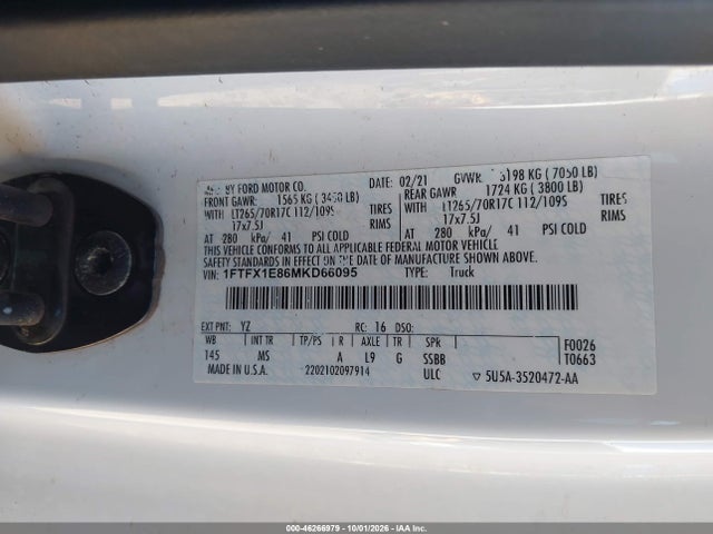 46266979 :رقم المزاد ، 1FTFX1E86MKD66095 vin ، 2021 Ford F-150 Xlt مزاد بيع