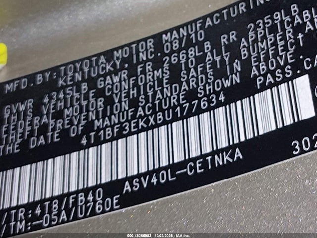 Aukcja sprzedaży 2011 Toyota Camry Le, vin: 4T1BF3EKXBU177634, numer aukcji: 46266983