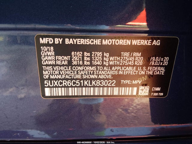 Aukcja sprzedaży 2019 Bmw X5 Xdrive40i, vin: 5UXCR6C51KLK83022, numer aukcji: 46266988