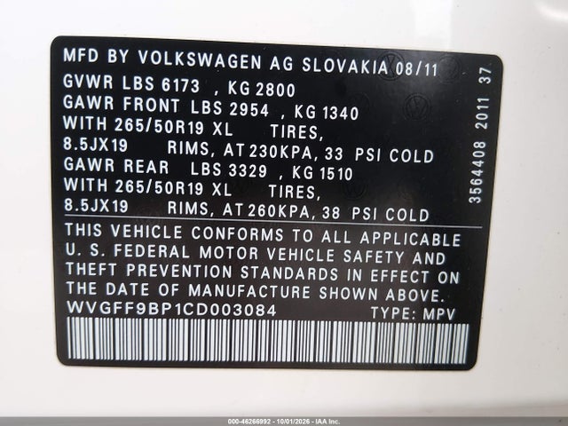 Продажа на аукционе авто 2012 Volkswagen Touareg Vr6 Lux, vin: WVGFF9BP1CD003084, номер лота: 46266992