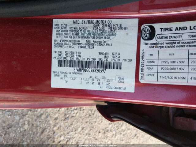 2011 Ford Fusion Sel მანქანა იყიდება აუქციონზე, vin: 3FAHP0JG0BR320597, აუქციონის ნომერი: 46267005