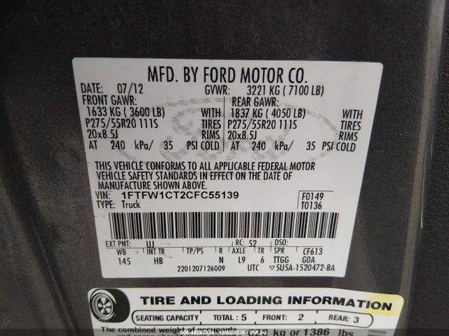 Aukcja sprzedaży 2012 Ford F-150 Lariat, vin: 1FTFW1CT2CFC55139, numer aukcji: 46267024