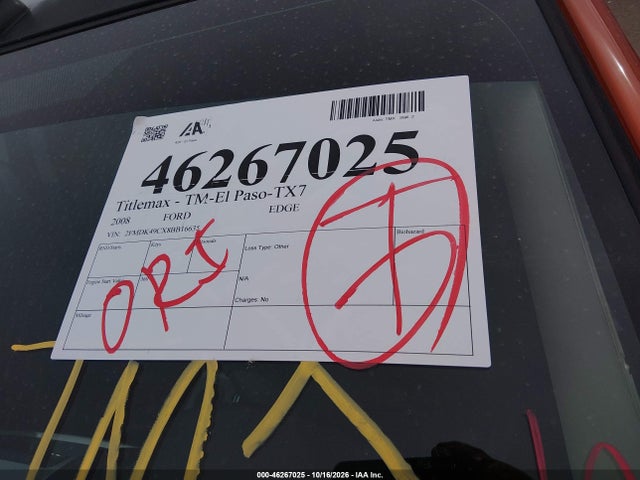46267025 :رقم المزاد ، 2FMDK49CX8BB16635 vin ، 2008 Ford Edge Limited مزاد بيع