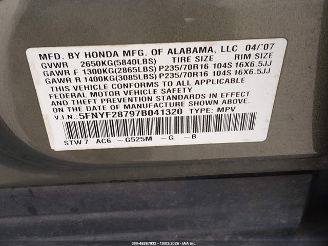 Продаж на аукціоні авто 2007 Honda Pilot Ex-l, vin: 5FNYF28797B041320, номер лоту: 46267032