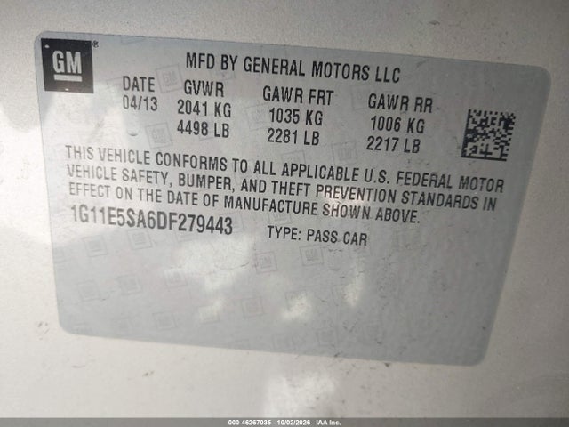 Продаж на аукціоні авто 2013 Chevrolet Malibu 2lt, vin: 1G11E5SA6DF279443, номер лоту: 46267035