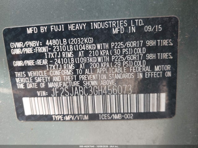 46267040 :رقم المزاد ، JF2SJABC3GH456073 vin ، 2016 Subaru Forester 2.5i مزاد بيع
