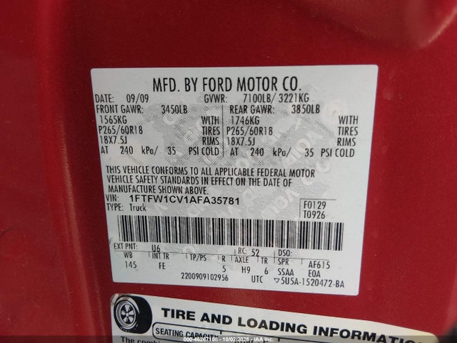 Aukcja sprzedaży 2010 Ford F-150 Fx2 Sport/harley-davidson/king Ranch/lariat/platinum/xl/xlt, vin: 1FTFW1CV1AFA35781, numer aukcji: 46267108