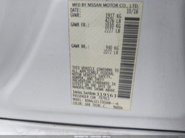 46267124 :رقم المزاد ، 1N4AL3AP8HN319563 vin ، 2017 Nissan Altima 2.5 S مزاد بيع