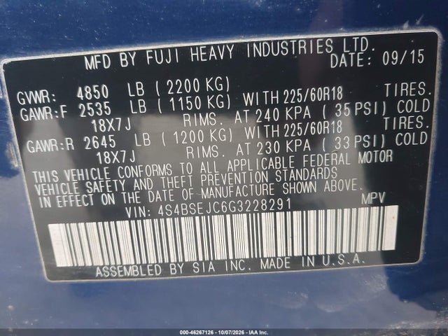 46267126 :رقم المزاد ، 4S4BSEJC6G3228291 vin ، 2016 Subaru Outback 3.6r Limited مزاد بيع