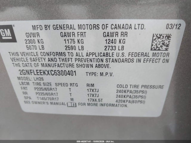 46267141 :رقم المزاد ، 2GNFLEEKXC6300401 vin ، 2012 Chevrolet Equinox 1lt مزاد بيع
