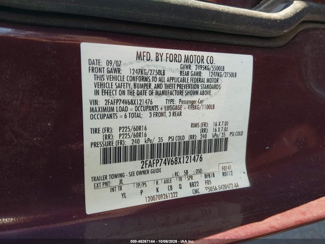 Aukcja sprzedaży 2008 Ford Crown Victoria Lx, vin: 2FAFP74V68X121476, numer aukcji: 46267144
