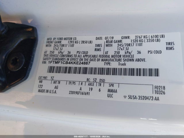 2019 Ford F-150 Xl მანქანა იყიდება აუქციონზე, vin: 1FTMF1CB4KKE24887, აუქციონის ნომერი: 46267177