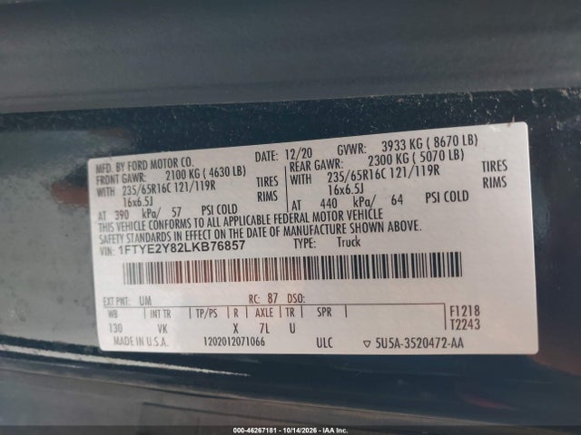 Продаж на аукціоні авто 2020 Ford Transit-150, vin: 1FTYE2Y82LKB76857, номер лоту: 46267181