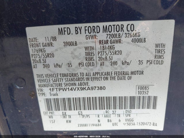 Продаж на аукціоні авто 2009 Ford F-150 Fx4/king Ranch/lariat/platinum/xl/xlt, vin: 1FTPW14VX9KA97380, номер лоту: 46267199