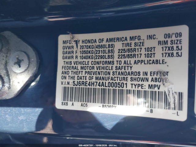 Aukcja sprzedaży 2010 Honda Cr-v Ex-l, vin: 5J6RE4H74AL000501, numer aukcji: 46267201