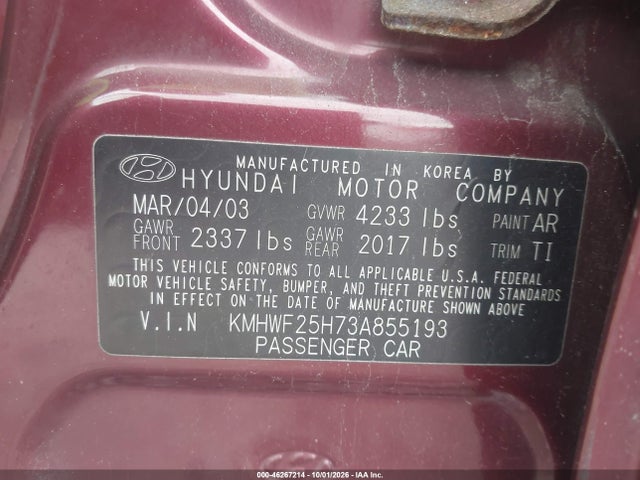 2003 Hyundai Sonata Base W/2.7l V6 მანქანა იყიდება აუქციონზე, vin: KMHWF25H73A855193, აუქციონის ნომერი: 46267214