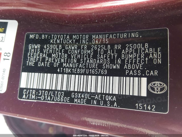 46267224 :رقم المزاد ، 4T1BK1EB9FU165769 vin ، 2015 Toyota Avalon Xle Touring مزاد بيع