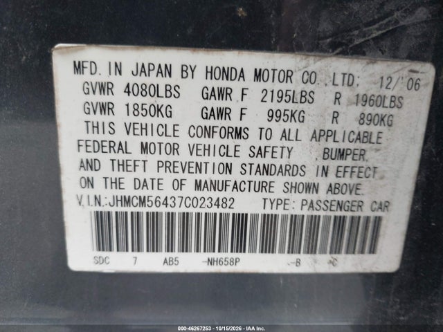 Aukcja sprzedaży 2007 Honda Accord 2.4 Lx, vin: JHMCM56437C023482, numer aukcji: 46267253