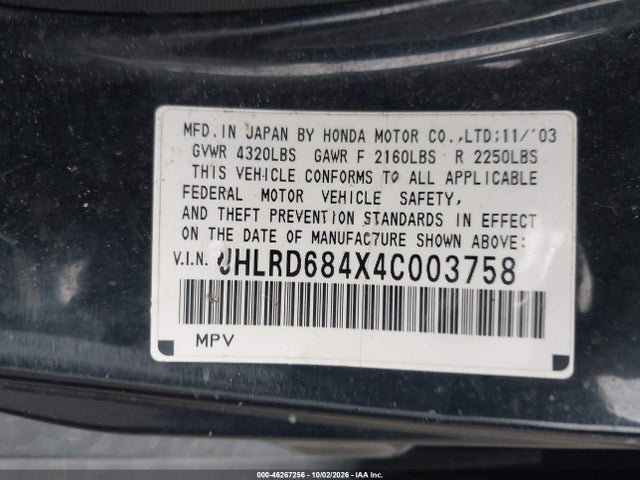 Aukcja sprzedaży 2004 Honda Cr-v Lx, vin: JHLRD684X4C003758, numer aukcji: 46267256