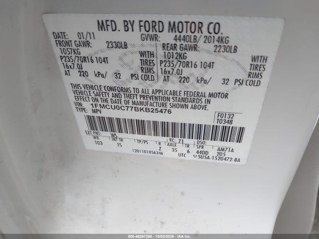46267260 :رقم المزاد ، 1FMCU0C77BKB25476 vin ، 2011 Ford Escape Xls مزاد بيع