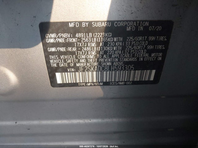 Aukcja sprzedaży 2020 Subaru Forester, vin: JF2SKADC8LH593305, numer aukcji: 46267276