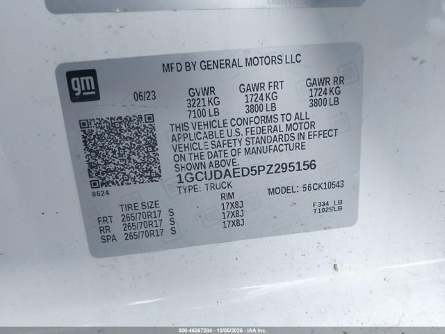 Aukcja sprzedaży 2023 Chevrolet Silverado 1500 4wd  Short Bed Wt, vin: 1GCUDAED5PZ295156, numer aukcji: 46267284