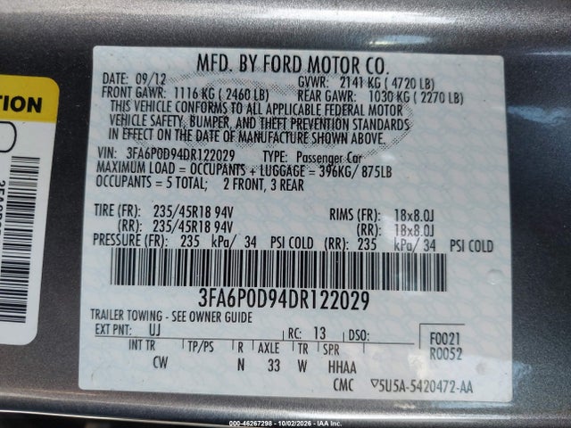 Aukcja sprzedaży 2013 Ford Fusion Titanium, vin: 3FA6P0D94DR122029, numer aukcji: 46267298