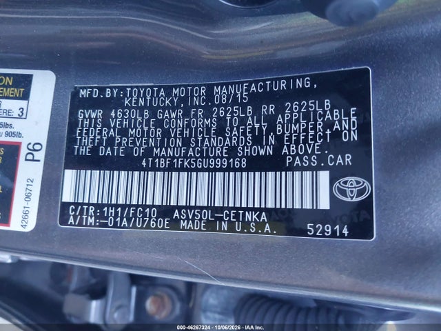 46267324 :رقم المزاد ، 4T1BF1FK5GU999168 vin ، 2016 Toyota Camry Le مزاد بيع