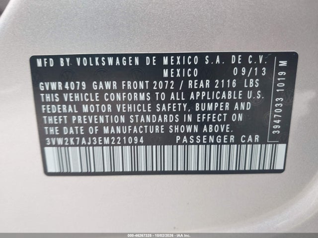 46267325 :رقم المزاد ، 3VW2K7AJ3EM221094 vin ، 2014 Volkswagen Jetta 2.0l S مزاد بيع