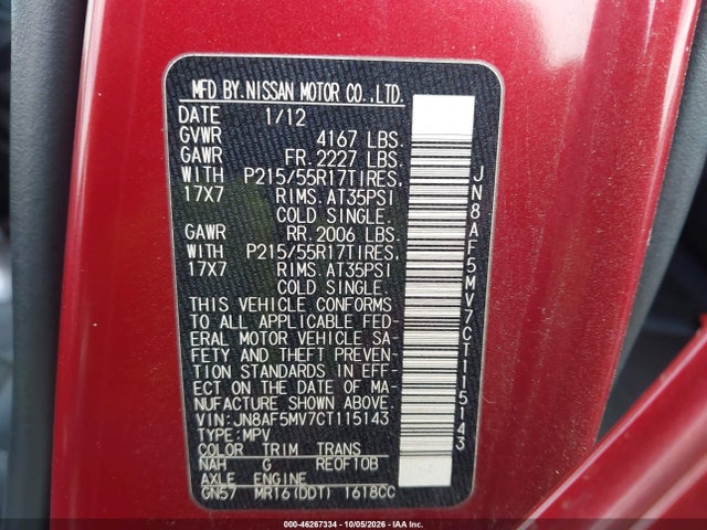 Aukcja sprzedaży 2012 Nissan Juke Sl, vin: JN8AF5MV7CT115143, numer aukcji: 46267334