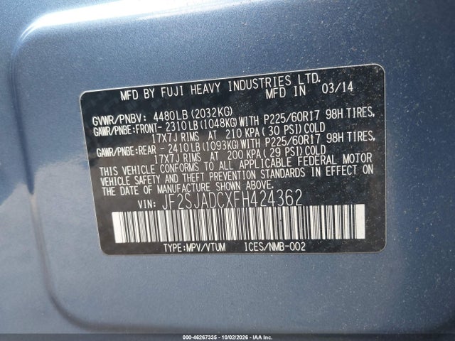 46267335 :رقم المزاد ، JF2SJADCXFH424362 vin ، 2015 Subaru Forester 2.5i Premium مزاد بيع