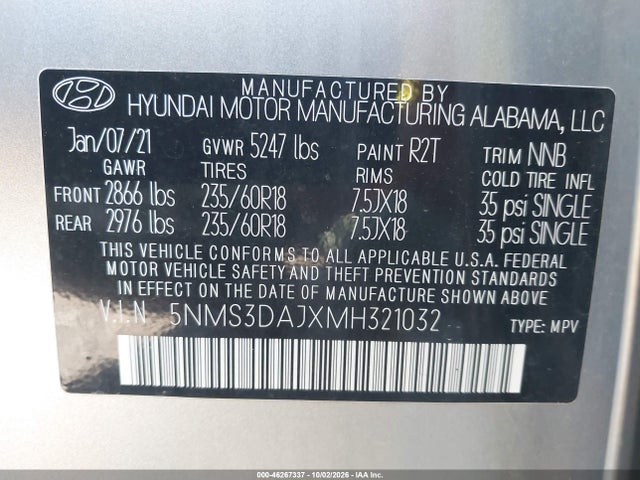 Aukcja sprzedaży 2021 Hyundai Santa Fe Sel, vin: 5NMS3DAJXMH321032, numer aukcji: 46267337