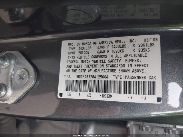 Aukcja sprzedaży 2009 Honda Accord 2.4 Ex, vin: 1HGCP26729A125664, numer aukcji: 46267351