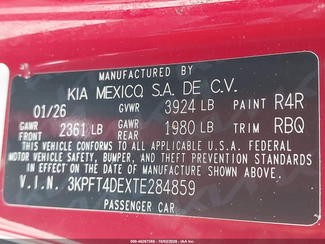46267365 :رقم المزاد ، 3KPFT4DEXTE284859 vin ، 2026 Kia K4 Lxs مزاد بيع
