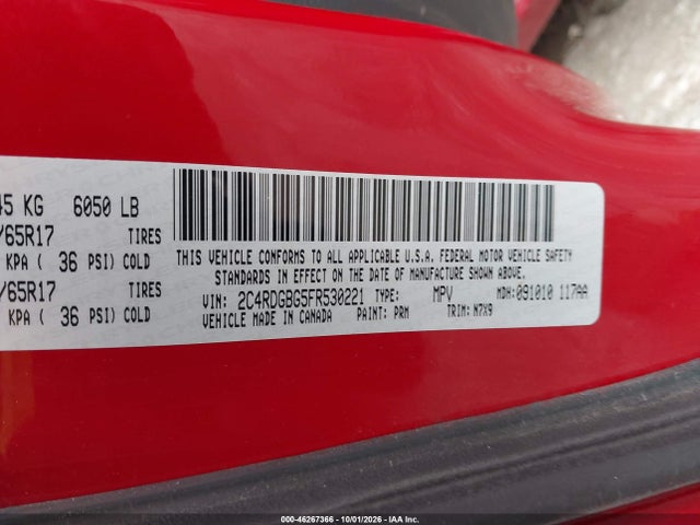 46267366 :رقم المزاد ، 2C4RDGBG5FR530221 vin ، 2015 Dodge Grand Caravan Se مزاد بيع