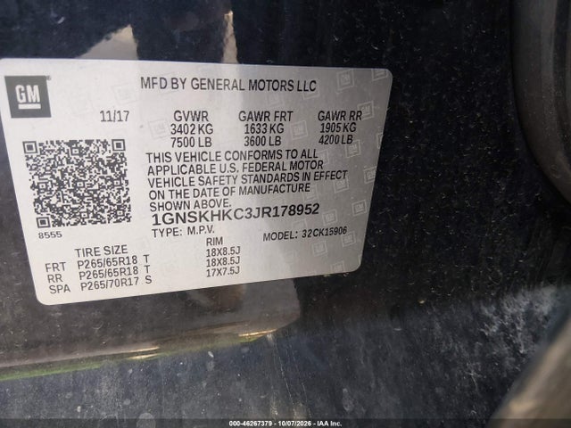 Aukcja sprzedaży 2018 Chevrolet Suburban Lt, vin: 1GNSKHKC3JR178952, numer aukcji: 46267379