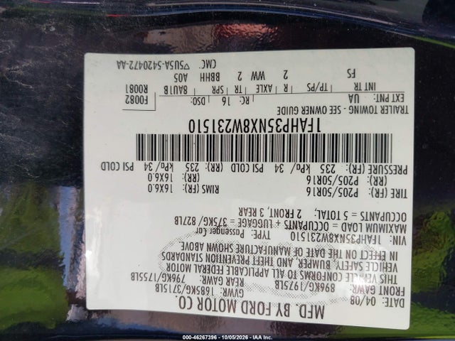 2008 Ford Focus Se/ses მანქანა იყიდება აუქციონზე, vin: 1FAHP35NX8W231510, აუქციონის ნომერი: 46267396