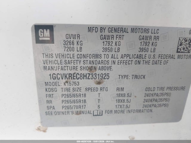 Продаж на аукціоні авто 2017 Chevrolet Silverado 1500 1lt, vin: 1GCVKREC8HZ331925, номер лоту: 46267436