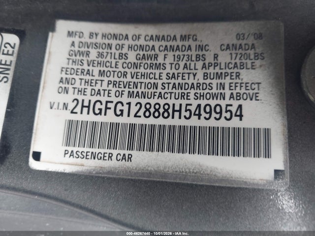 2008 Honda Civic Ex მანქანა იყიდება აუქციონზე, vin: 2HGFG12888H549954, აუქციონის ნომერი: 46267440
