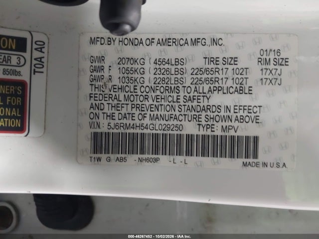 46267452 :رقم المزاد ، 5J6RM4H54GL029250 vin ، 2016 Honda Cr-v Ex مزاد بيع