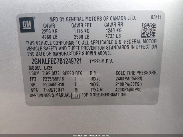 46267457 :رقم المزاد ، 2GNALFEC7B1249721 vin ، 2011 Chevrolet Equinox Ltz مزاد بيع