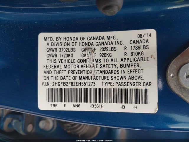 Продажа на аукционе авто 2014 Honda Civic Ex, vin: 2HGFB2F82EH551273, номер лота: 46267466